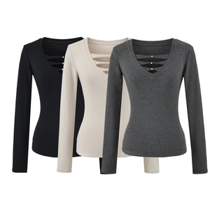 辣妹显瘦百搭打底衫 V领镂空绑带长袖 小心机设计感内搭 修身 上衣