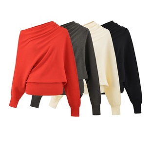 上衣 短款 温柔风设计感小众外搭 宽松蝙蝠袖 ins不规则斜肩针织衫