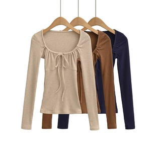 打底上衣 长袖 温柔气质日常通勤百搭内搭 修身 方领抽绳坑条针织衫