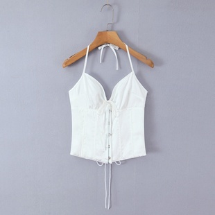 博主系带龙骨对扣后背气眼挂脖塑形小上衣 辣妹风性感外穿上衣