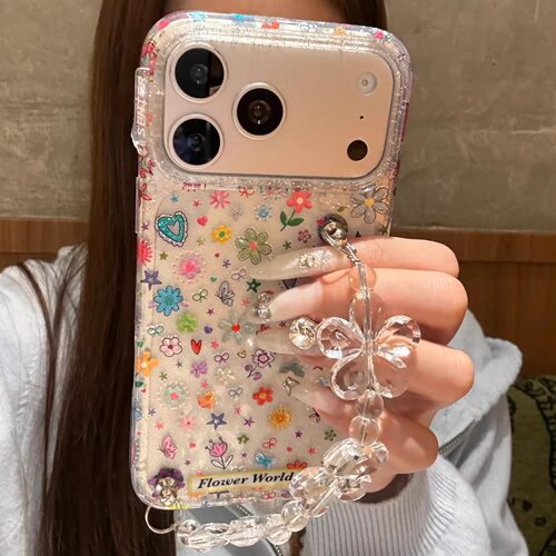 日本DEMIU韩系镭射爱心花草适用于苹果18promax手机壳17新款iphone16promax链条15高级14防摔创意少女保护套