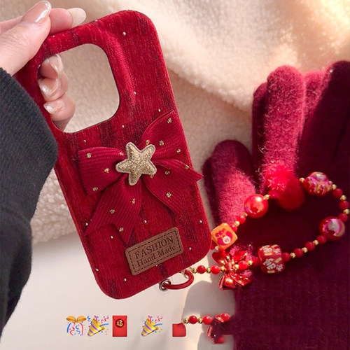 日本DEMIU新年毛呢红色蝴蝶结带链条适用苹果17promax手机壳iphoneair新款16pro女款15过年喜庆圣诞全包硬壳