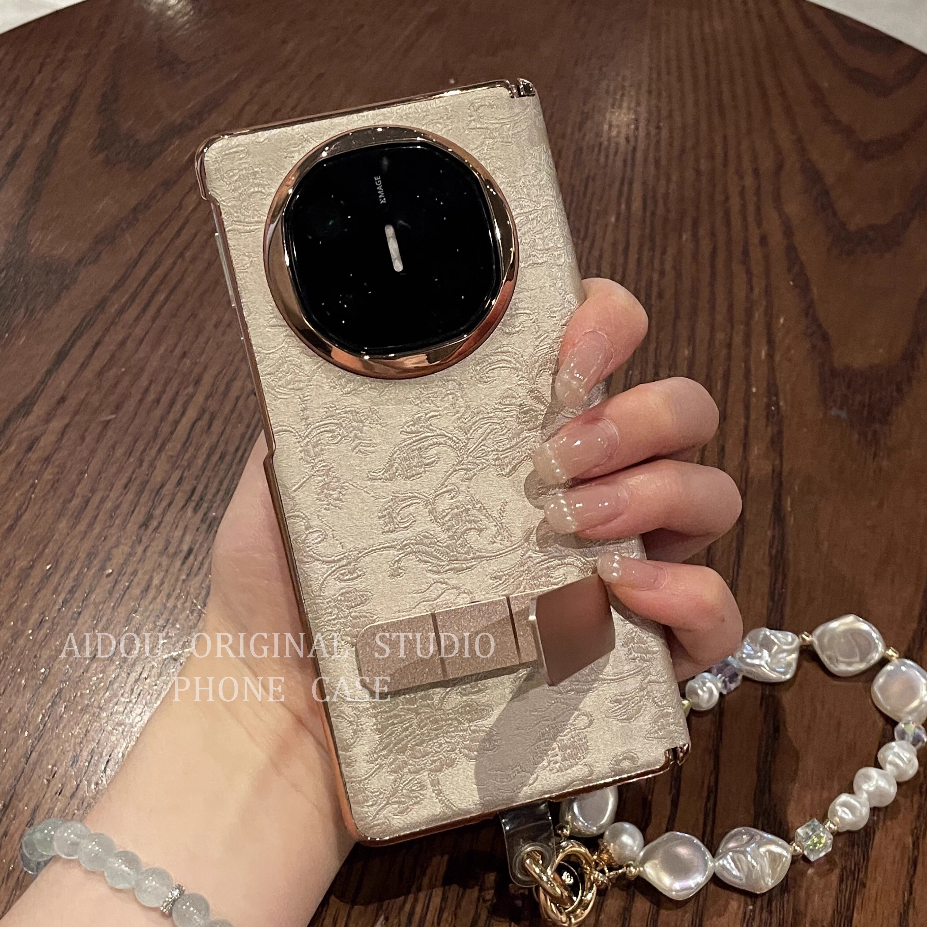 日本PAREO DOLL适用华为x6手机壳折叠屏米黄贡缎提花旋转支架陨石金链条matex6典藏版matex5全包保护套男女