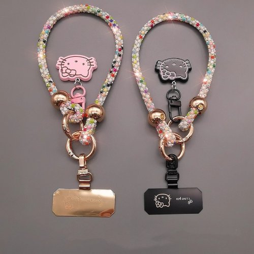 日本PAREO DOLL闪钻手机挂绳可爱猫吊坠手链多彩水钻挂饰防丢链