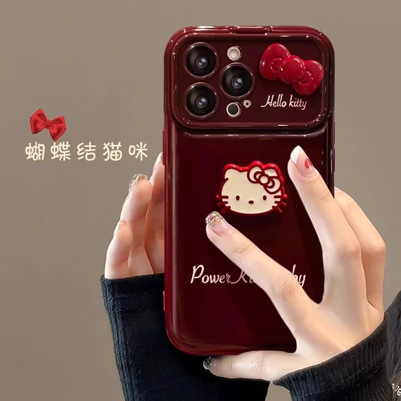 日本PAREO DOLL适用苹果17promax手机壳毛绒蝴蝶结新女款彩绘iphone16pro酒红色15pm带挂绳14卡通13可爱小众