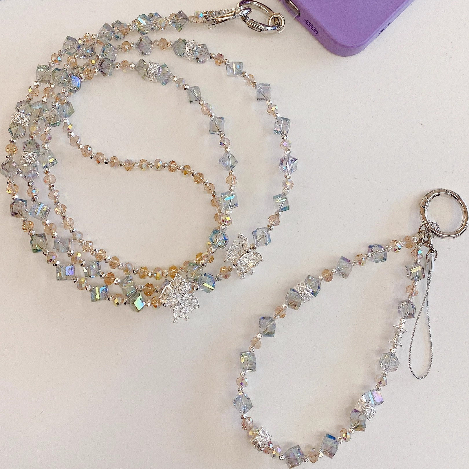 日本PAREO DOLL爆闪水晶珠蝴蝶锆石手机链挂绳斜跨手机链两