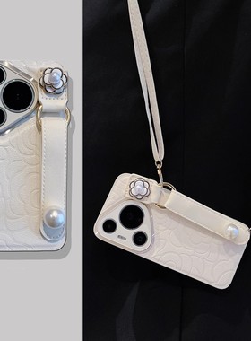 日本PARCE DOLL皮质山茶花珍珠腕带适用华为pura70pro手机壳pura70小众外壳70ultra镜头全包防摔女款保护套