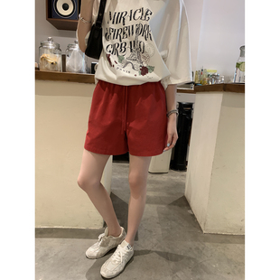 阿一 松弛清凉感全棉短裤女夏季高腰显腿长抽绳极简红色运动热裤