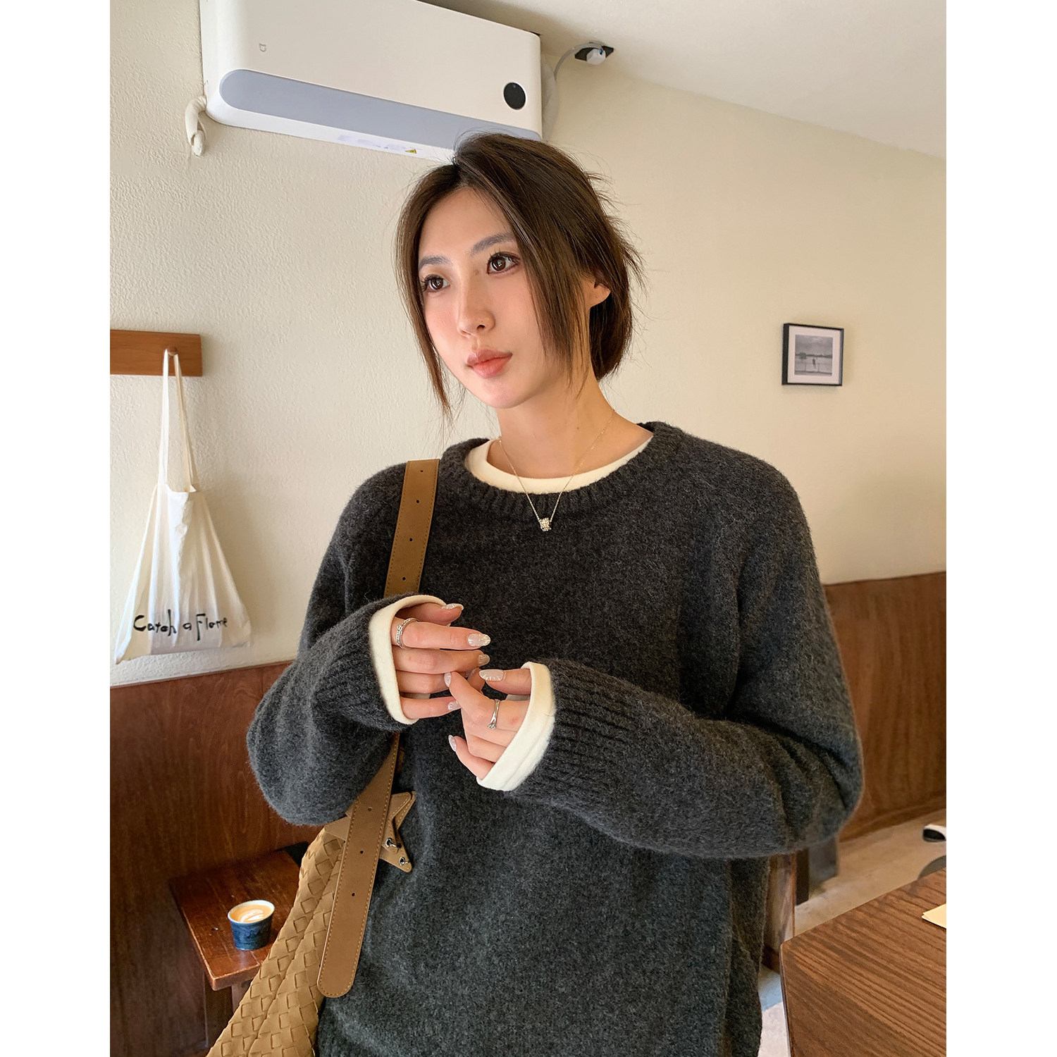 阿一 绵绵羊毛糯米绒舒适圆领毛衣女冬季宽松灰色休闲上衣针织衫