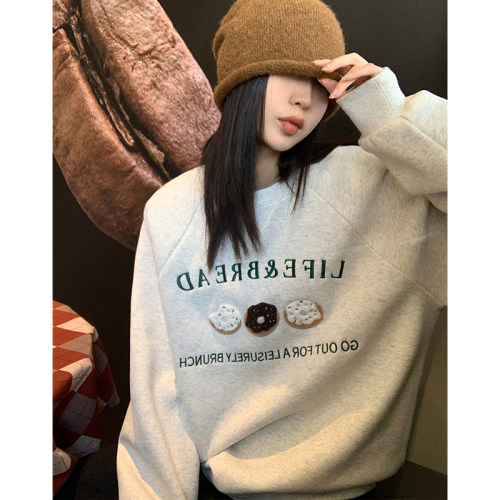 阿一 海盐甜甜圈 圆领卫衣女秋冬季宽松美式加绒灰色oversize上衣