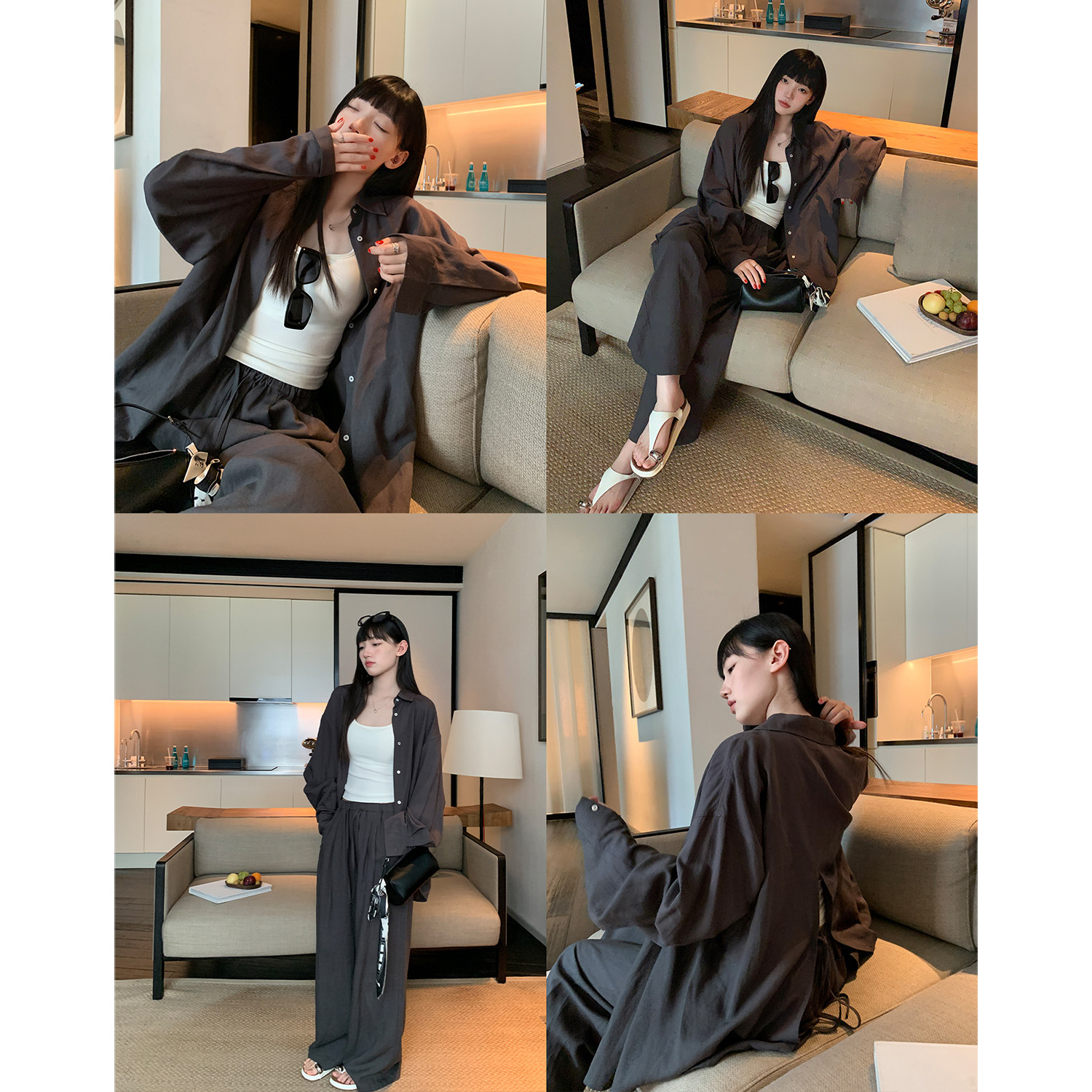 阿一淡人舒适区 凉凉天丝亚麻休闲套装女夏季慵懒防晒衬衫+阔腿裤
