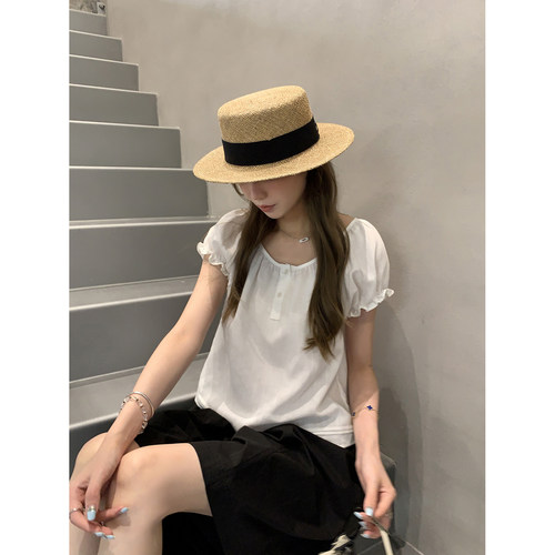 阿一 灵动俏皮感 天丝亚麻娃娃衫女夏季泡泡袖白色短袖小衬衫上衣