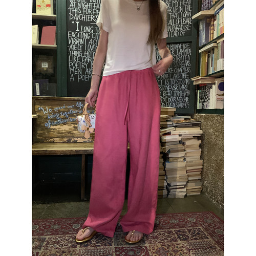 阿一 Colour Walk懒人裤 天丝亚麻抽绳休闲裤女夏季粉红直筒裤子