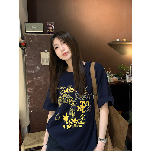 阿一 西部手记 高品质美式印花t恤女夏季百搭宽松大版短袖上衣