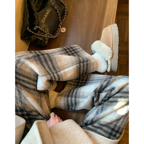 阿一 加绒加厚毛呢黑白格子裤女秋冬休闲宽松直筒抽绳阔腿裤子