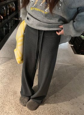 阿一极简垂感羊毛绒休闲裤女秋季高腰加厚直筒深灰色裤子阔腿卫裤