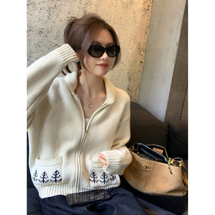 阿一 费尔岛提花翻领拉链针织外套女秋季宽松休闲复古毛衣开衫