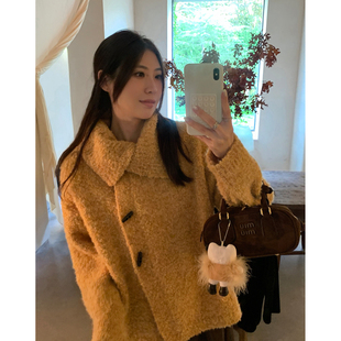 阿一 羊毛圈圈绒牛角扣翻领毛衣女冬季保暖加厚毛毛针织开衫外套