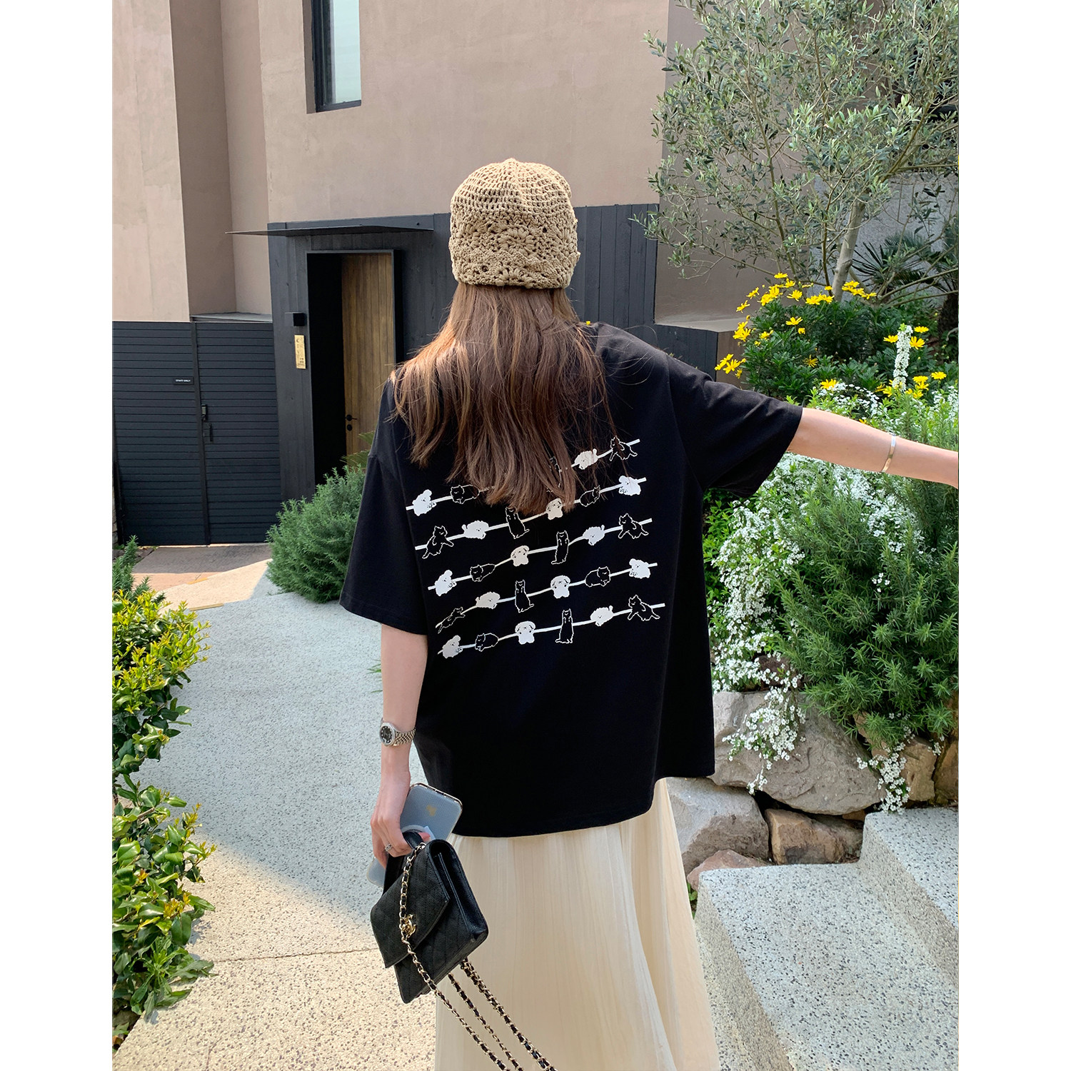 阿一猫狗日记 简笔画印花纯棉短袖t恤女夏季休闲大版宽松圆领上衣