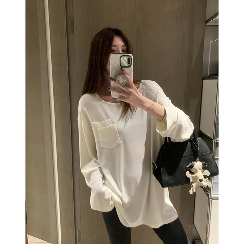 阿一 慵懒大版美丽诺慕斯羊绒长袖t恤女秋季宽松限时内搭打底衫