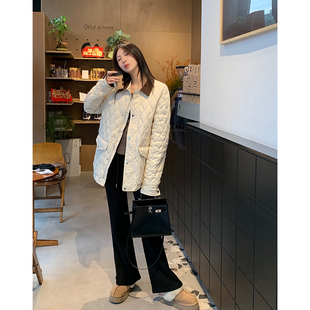 阿一 复古菱格轻薄白鸭绒羽绒服女冬季宽松白色灯芯绒撞色外套