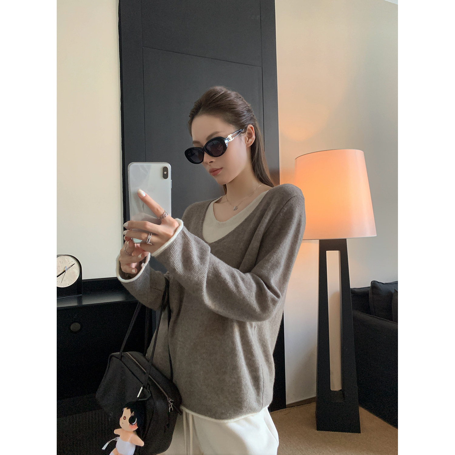 阿一松系叠叠乐 莱赛尔羊绒双V领假两件针织衫女秋冬宽松毛衣上衣