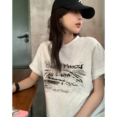 阿一美式复古泼墨印花短袖T恤