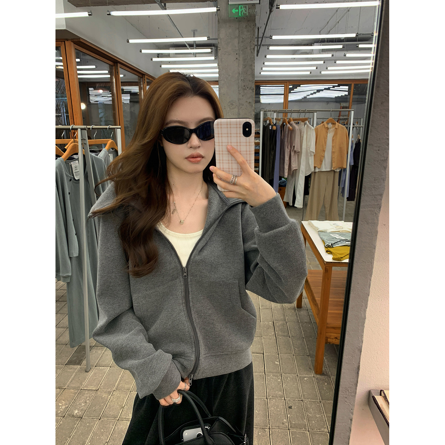 阿一 380g云朵空气绒连帽卫衣女秋季慵懒双拉链磨毛灰色休闲外套