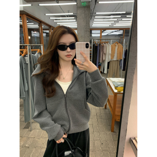 阿一 380g云朵空气绒连帽卫衣女秋季慵懒双拉链磨毛灰色休闲外套