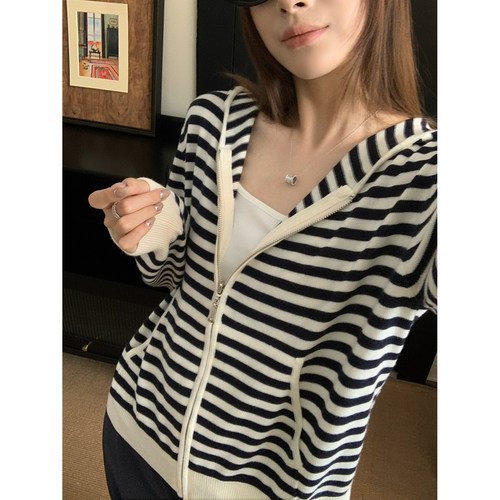 阿一 盐系慵懒条纹 绵羊毛日常感拉链毛衣外套女秋季针织开衫上衣