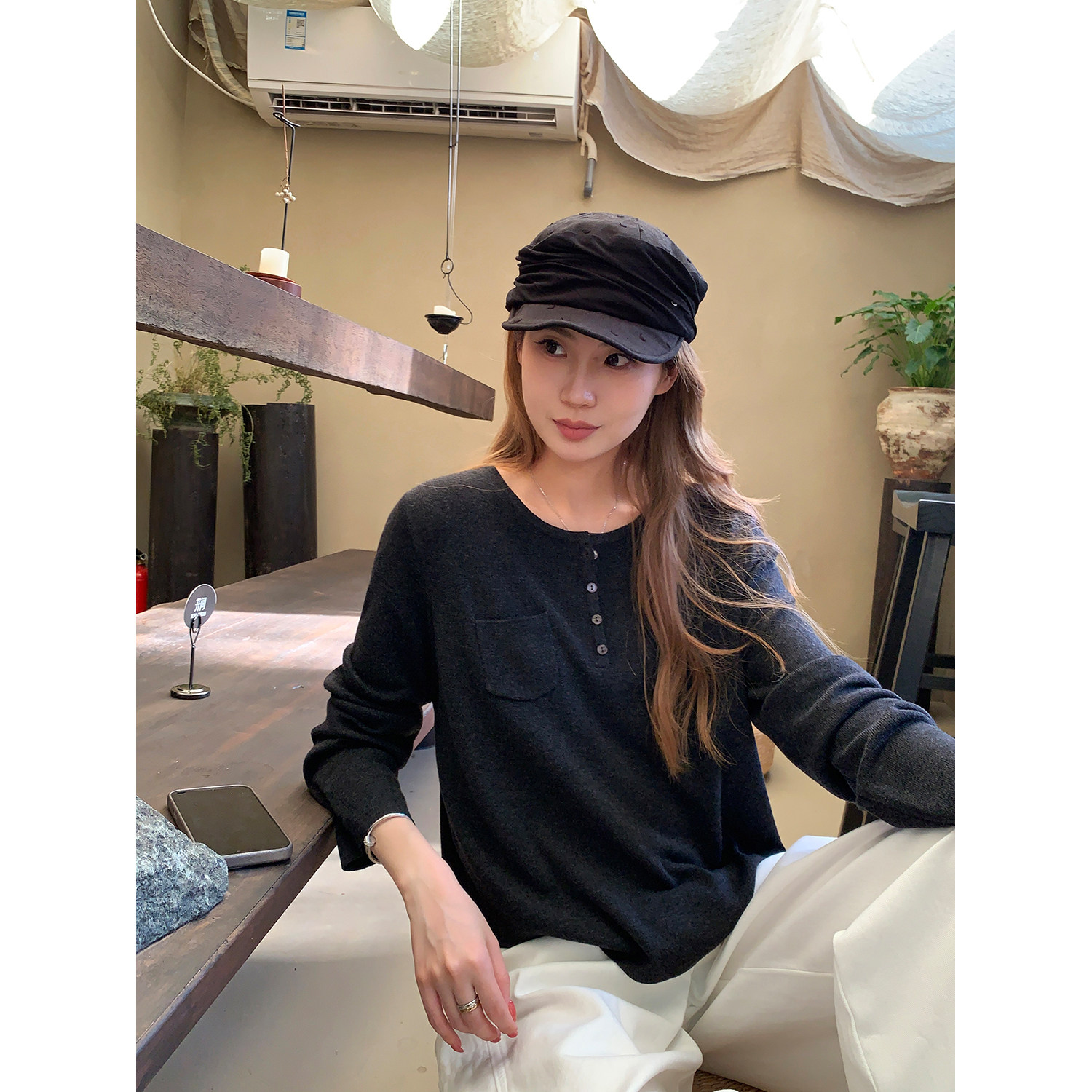 阿一 桑蚕丝羊毛亨利领针织衫女秋季松弛感口袋圆领长袖打底毛衣