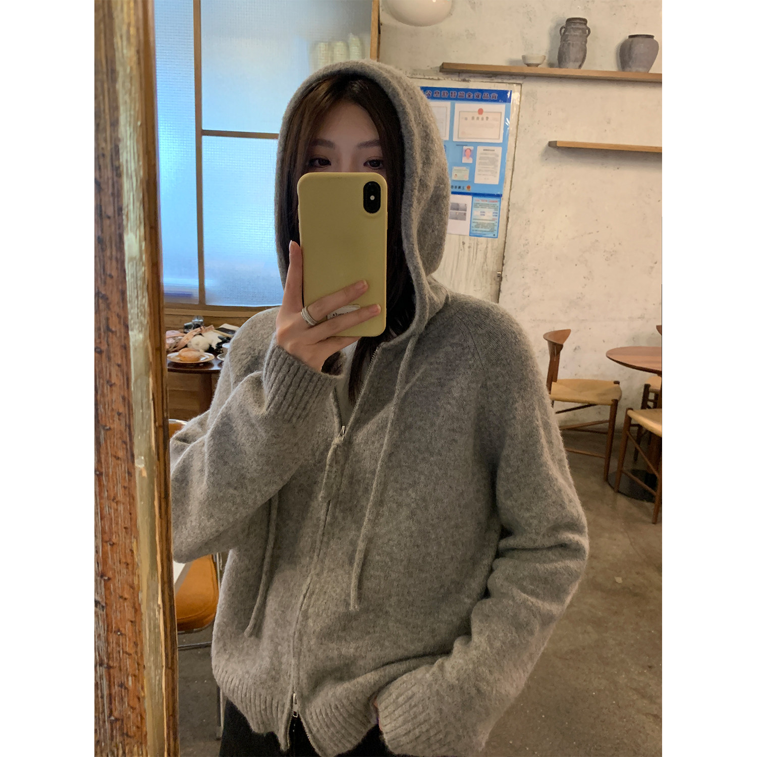 阿一 软糯绒双拉链毛衣外套女秋季短款宽松灰色休闲连帽针织开衫