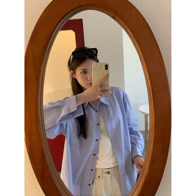 阿一 wink韩女衬衫 利落蓝白条纹衬衫女秋季oversize休闲长袖上衣