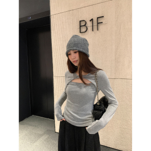 阿一 设计感扭结镂空长袖t恤女秋季新款内搭心机修身显瘦打底上衣