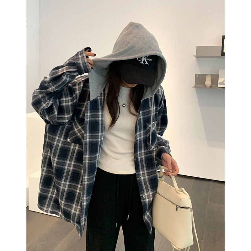 阿一美式复古连帽格子衬衫女秋季新款宽松假两件衬衣休闲格纹外套