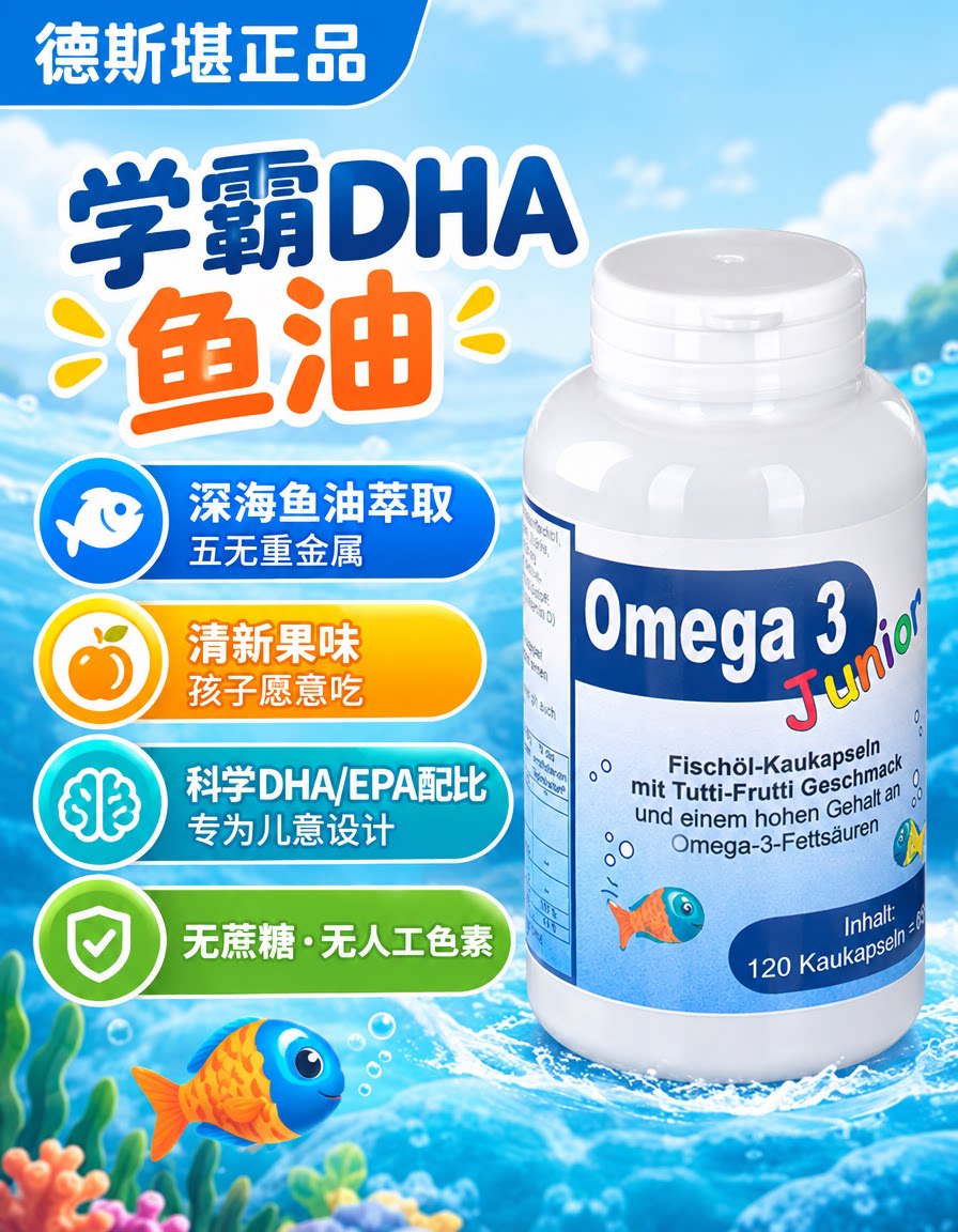 现货 德国原装OMEGA 3儿童冷水深海鱼油胶囊补DHA水果味4岁以上