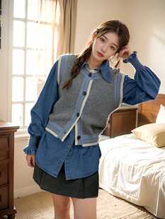 两件套 休闲马甲牛仔衬衫 韩系学院风针织背心套装 女春秋小个子时尚