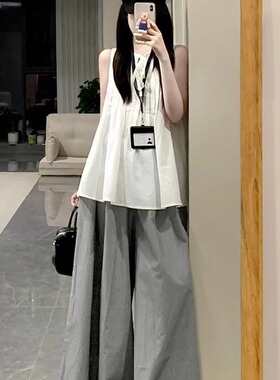 韩系通勤职业穿搭套装女夏季2025新款宽松褶皱背心上衣长裤两件套