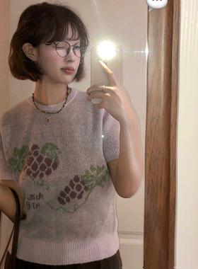 奇妙果园紫色葡萄提花马甲女春季新款学院风修身短款圆领针织毛衣