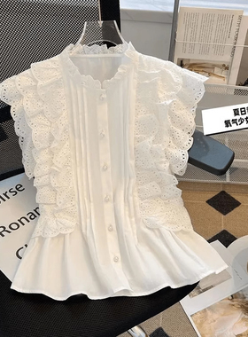 法式小飞袖褶皱衬衫女士夏装新款设计感小众甜美温柔复古气质上衣