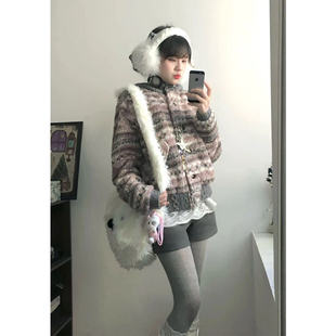 圣诞氛围感针织毛呢外套女冬季 设计感小众保暖连帽毛绒绒上衣 新款