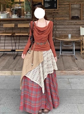 波西米亚风穿搭套装女早秋新款复古红色上衣格子拼接半身裙两件套