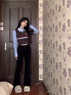 美式学院风套装女秋冬款短款修身马甲针织背心叠穿衬衫两件套高级