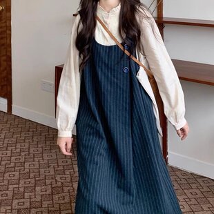条纹背心连衣裙女秋冬2025新款宽松显瘦小个子背带裙a字长裙裙子