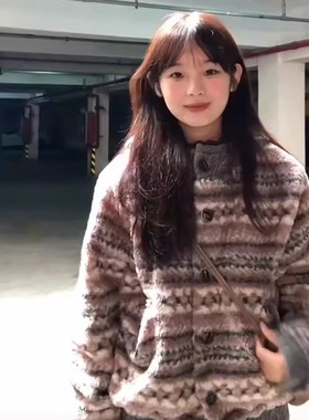 韩系费尔岛毛绒绒外套女秋冬新款复古慵懒风针织保暖连帽开衫上衣