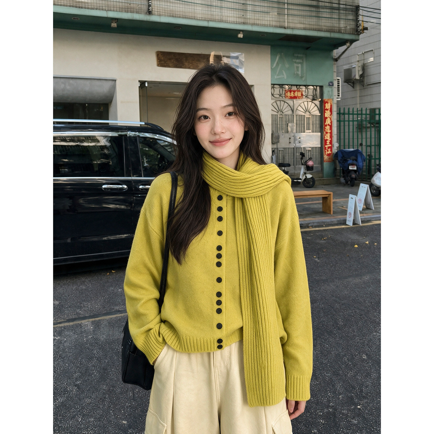 巷花街长袖休闲开衫纽扣毛衣2025新款黄色女装秋冬