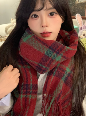 2025新款韩系围巾女冬季新年礼物氛围感红色保暖百搭高级格子围脖