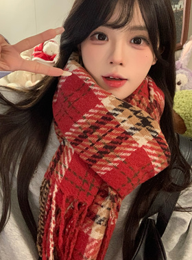 美拉德格子围巾女2025新款韩系氛围高级百搭长款加厚保暖披肩围脖