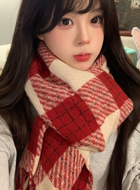 韩系围巾女冬季2025新款新年礼物氛围感红色保暖百搭高级格子围脖