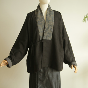 春下汉服秋冬女款明初对交穿双层提花棉麻撞色窄袖短上衣 默照